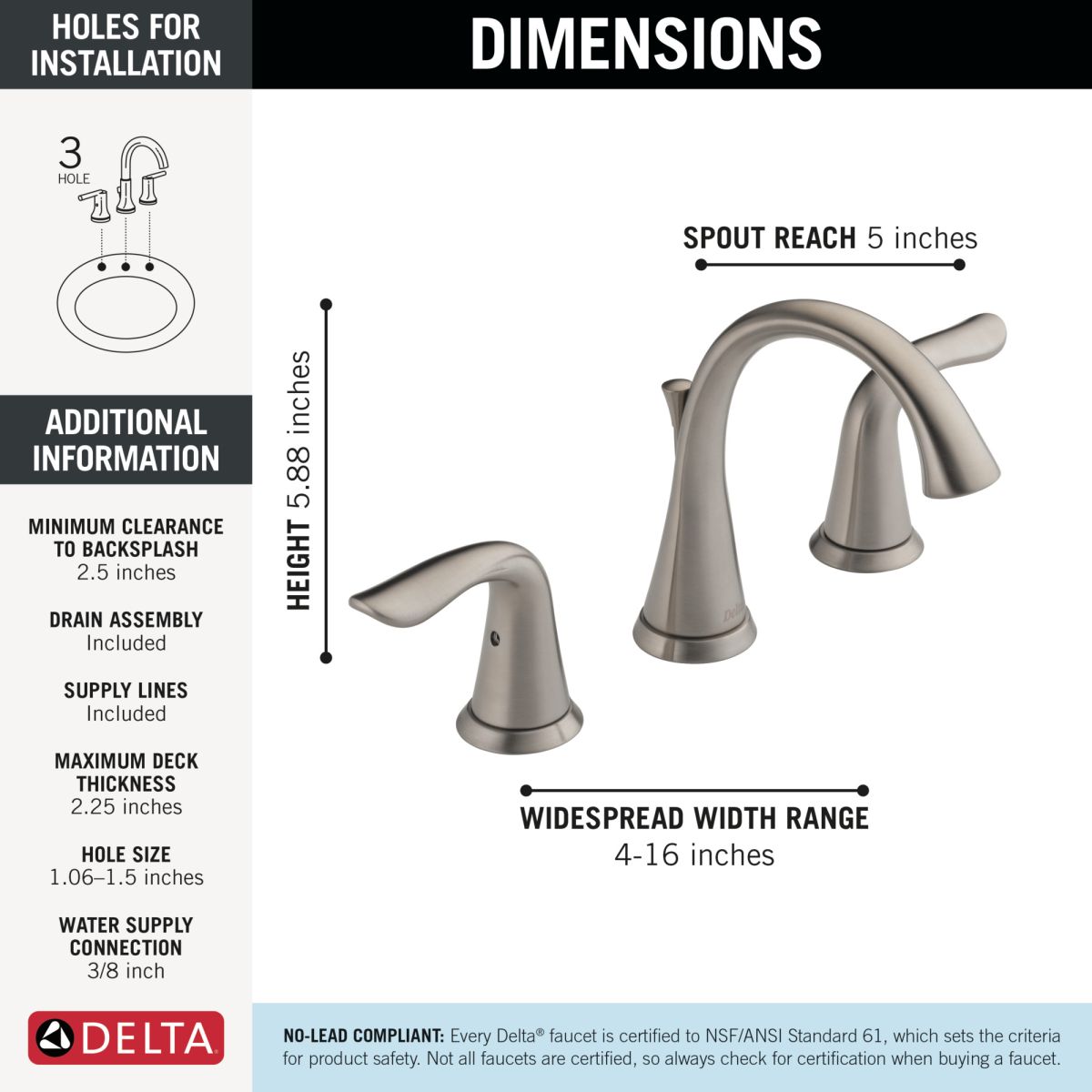 DELTA Lahara Two Handle Widespread Bathroom Faucet — Stainless
