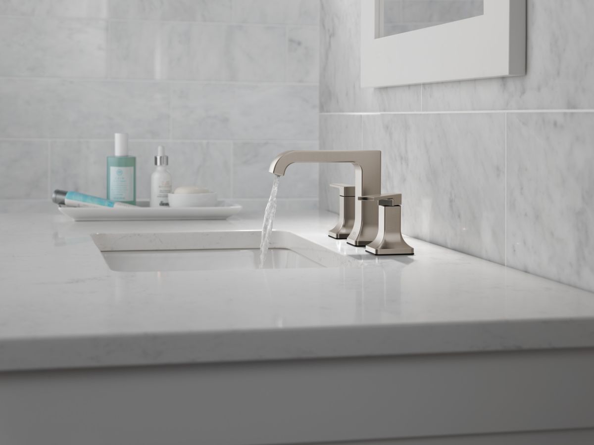 DELTA Velum Two Handle Widespread Bathroom Faucet — Stainless