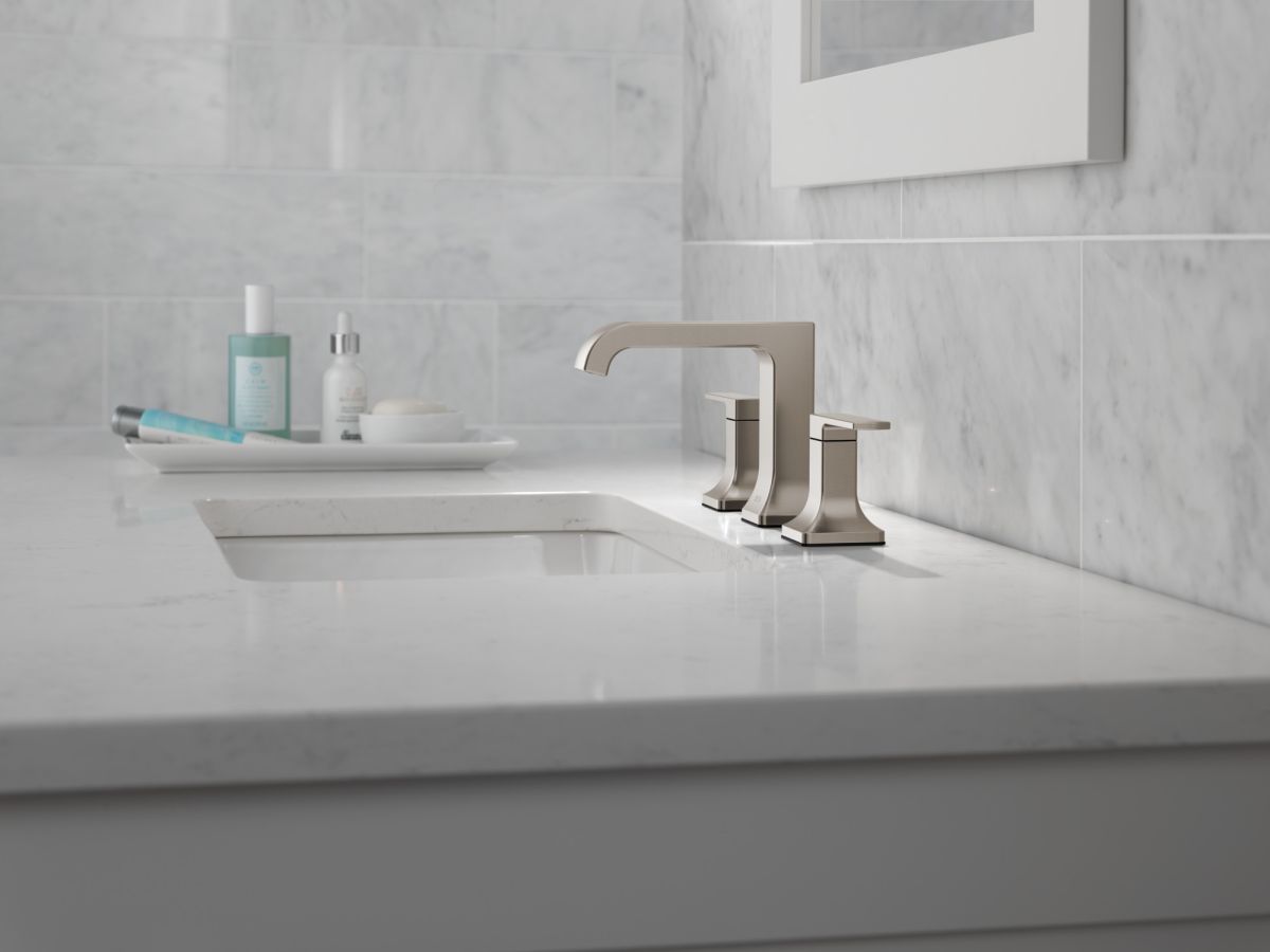 DELTA Velum Two Handle Widespread Bathroom Faucet — Stainless