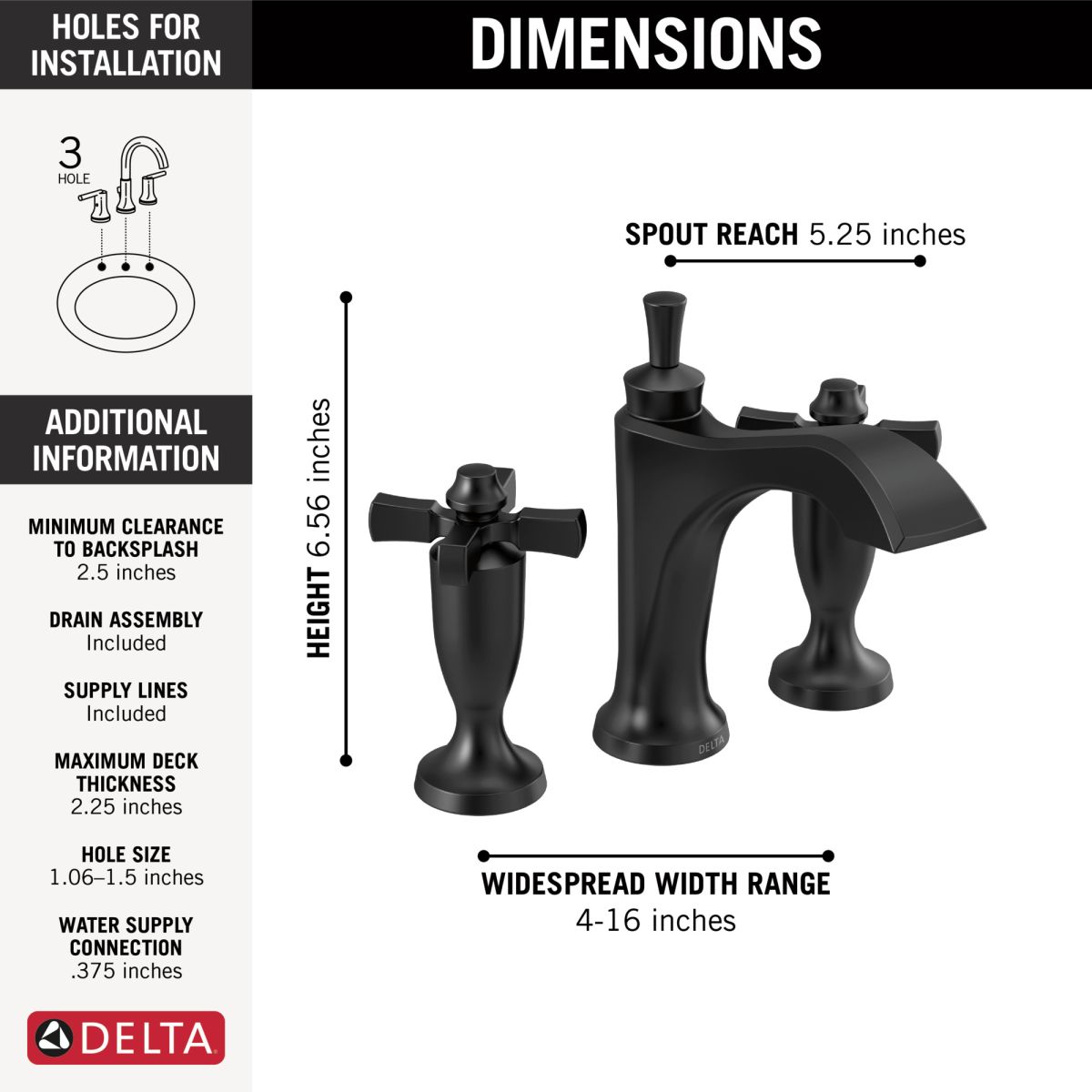 DELTA Dorval Two Handle Widespread Bathroom Faucet — Matte Black