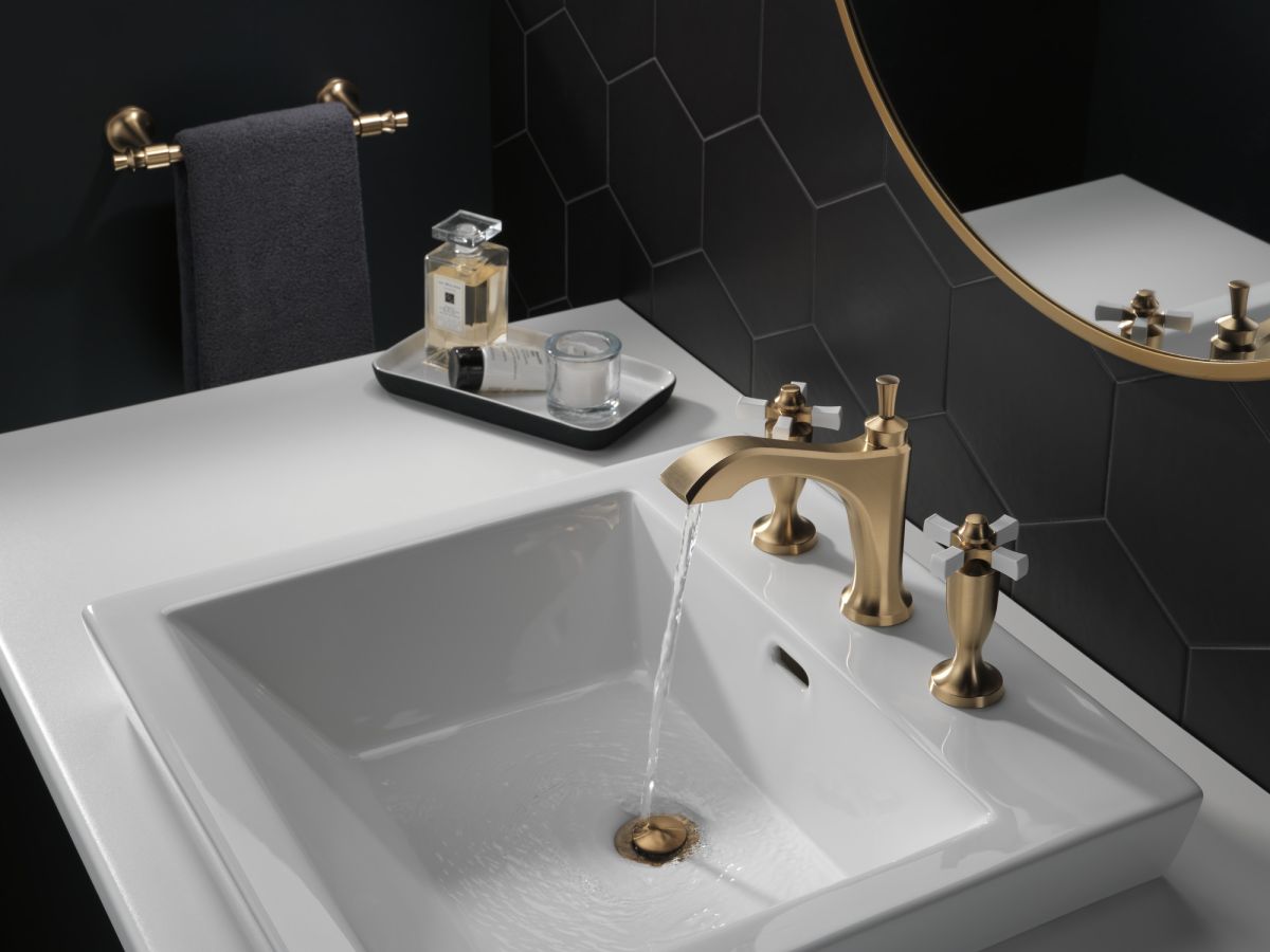 DELTA Dorval Two Handle Widespread Bathroom Faucet — Champagne Bronze / Porcelain