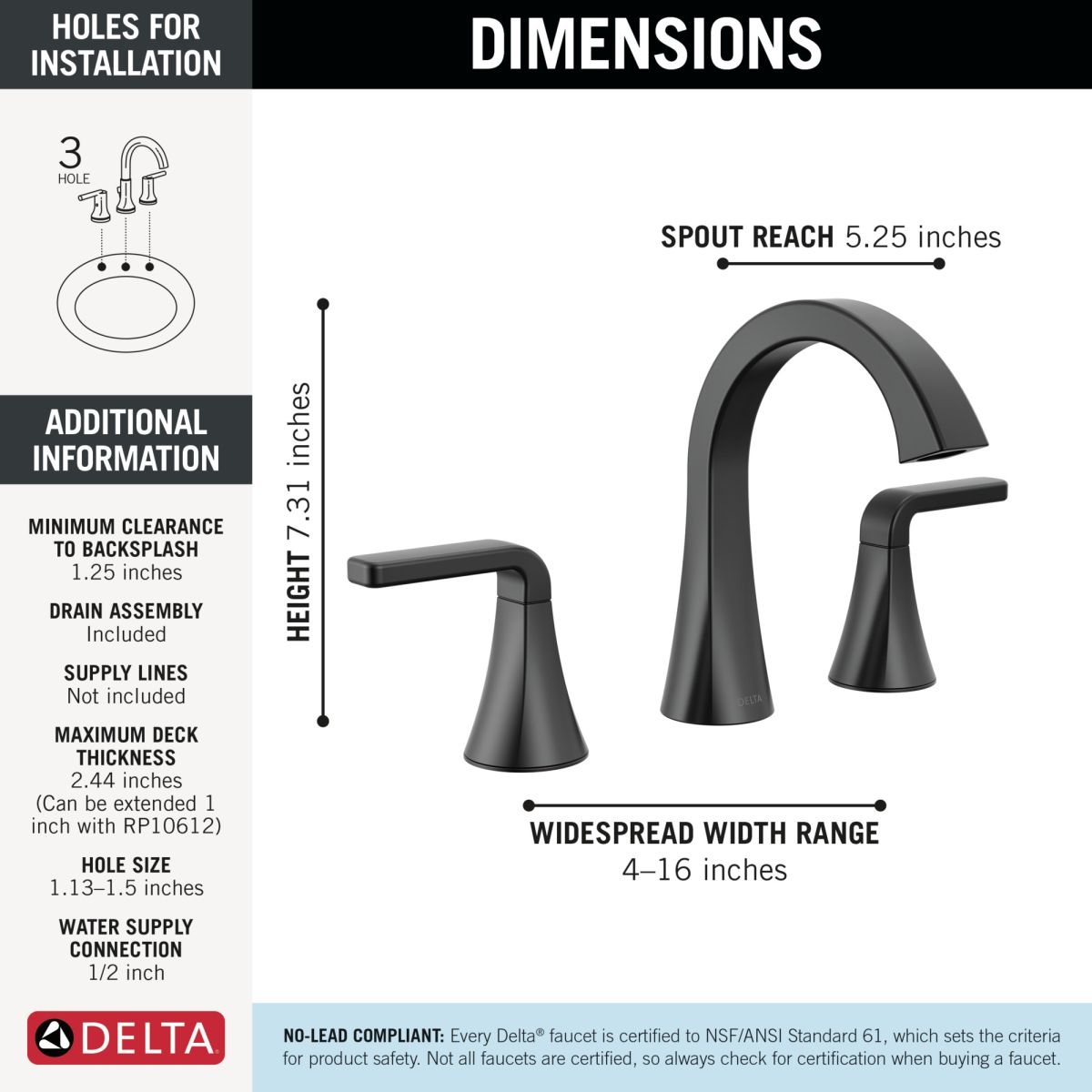DELTA Lineax Two Handle Widespread Bathroom Faucet — Matte Black