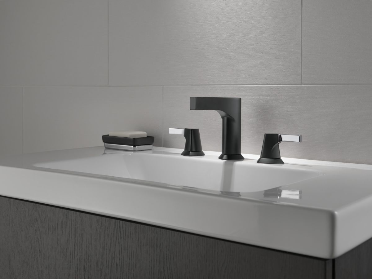 DELTA Zura Two Handle Widespread Bathroom Faucet — Chrome / Matte Black