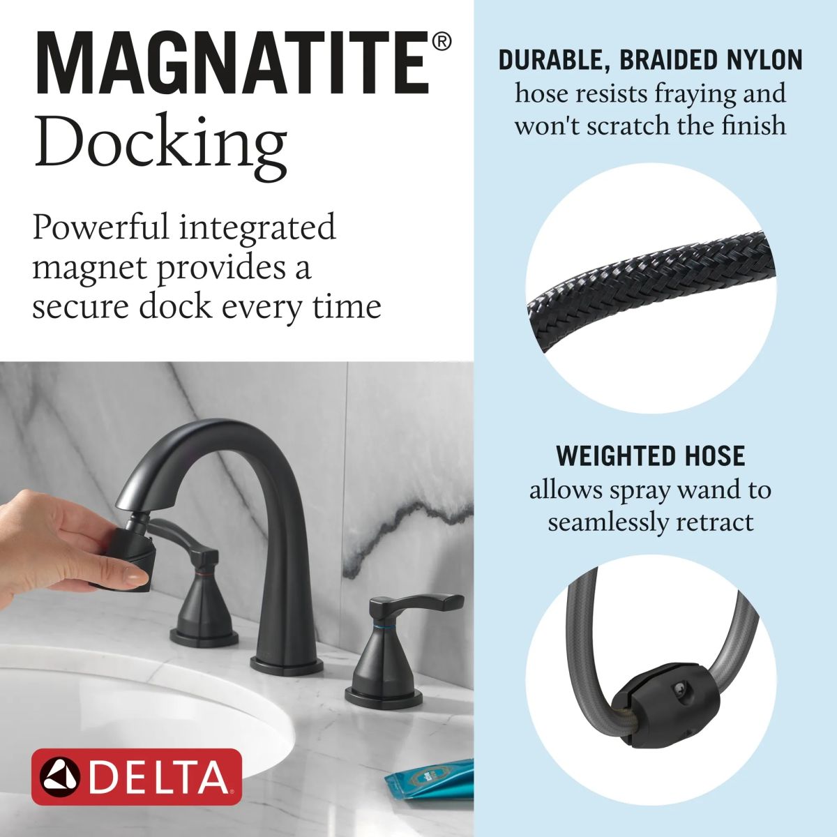 DELTA Stryke Two Handle Widespread Pull Down Bathroom Faucet — Matte Black