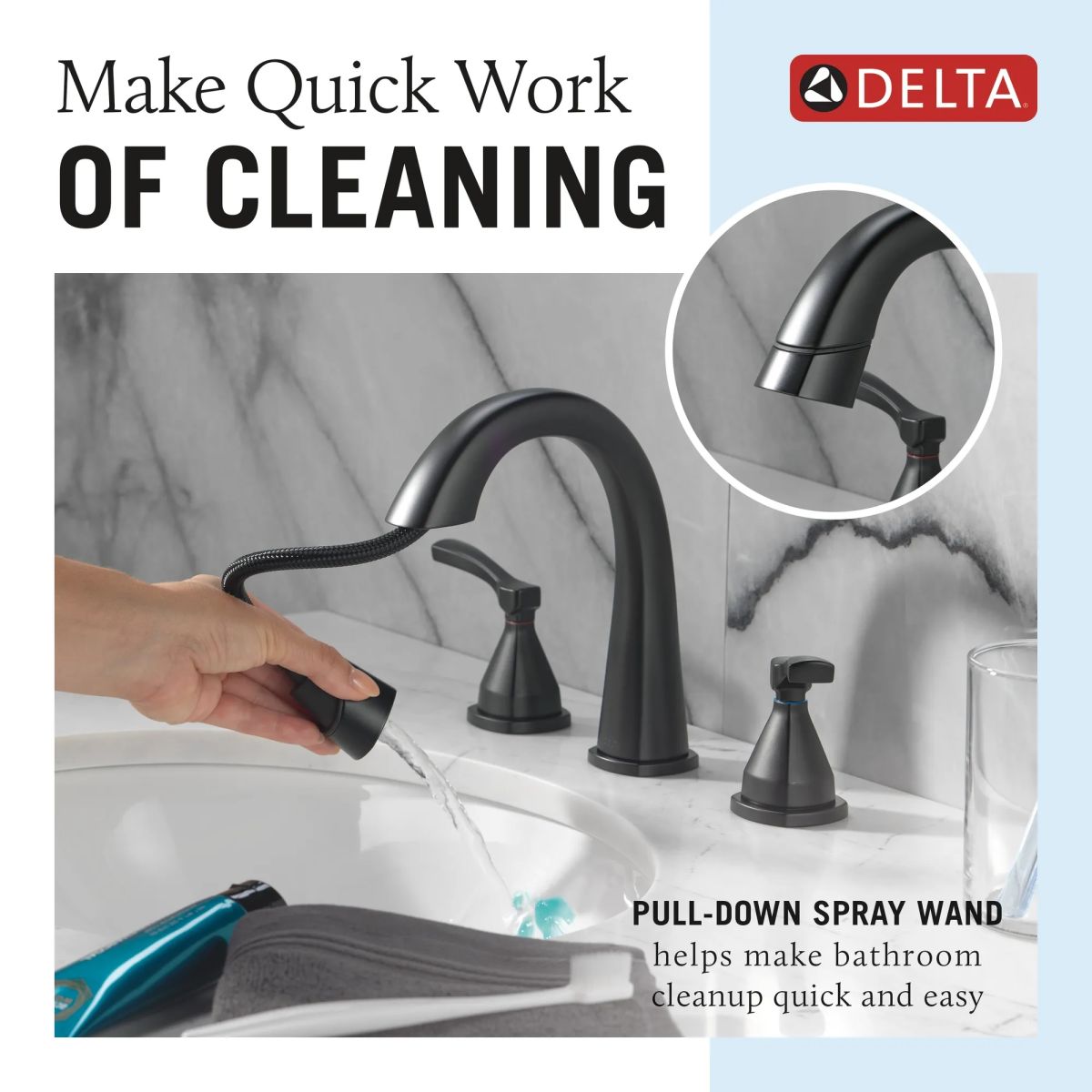 DELTA Stryke Two Handle Widespread Pull Down Bathroom Faucet — Matte Black