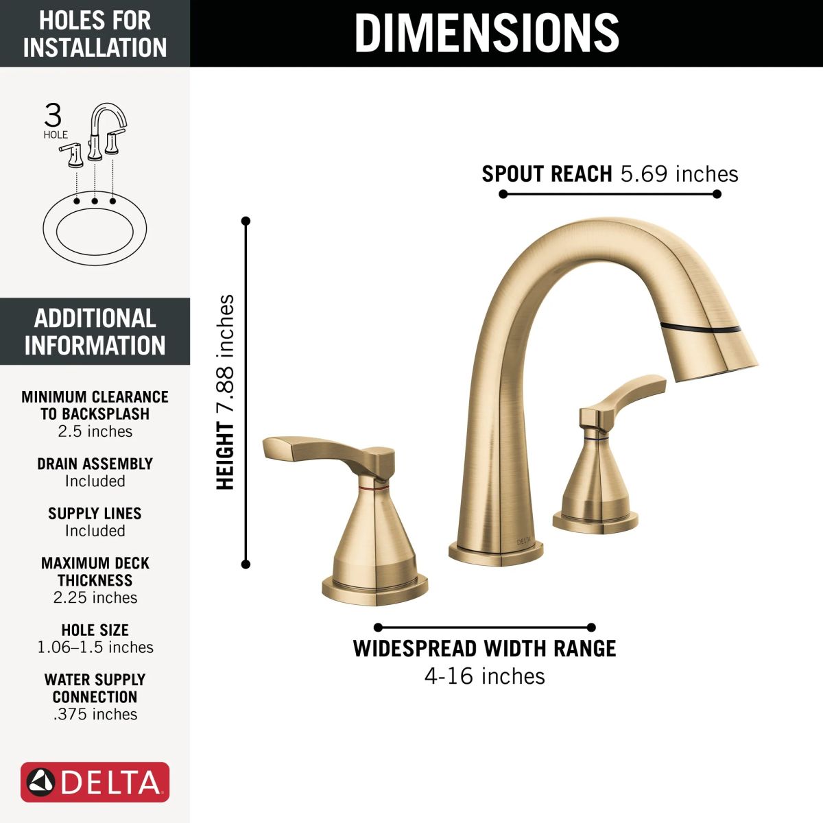 DELTA Stryke Two Handle Widespread Pull Down Bathroom Faucet — Lumicoat® Champagne Bronze