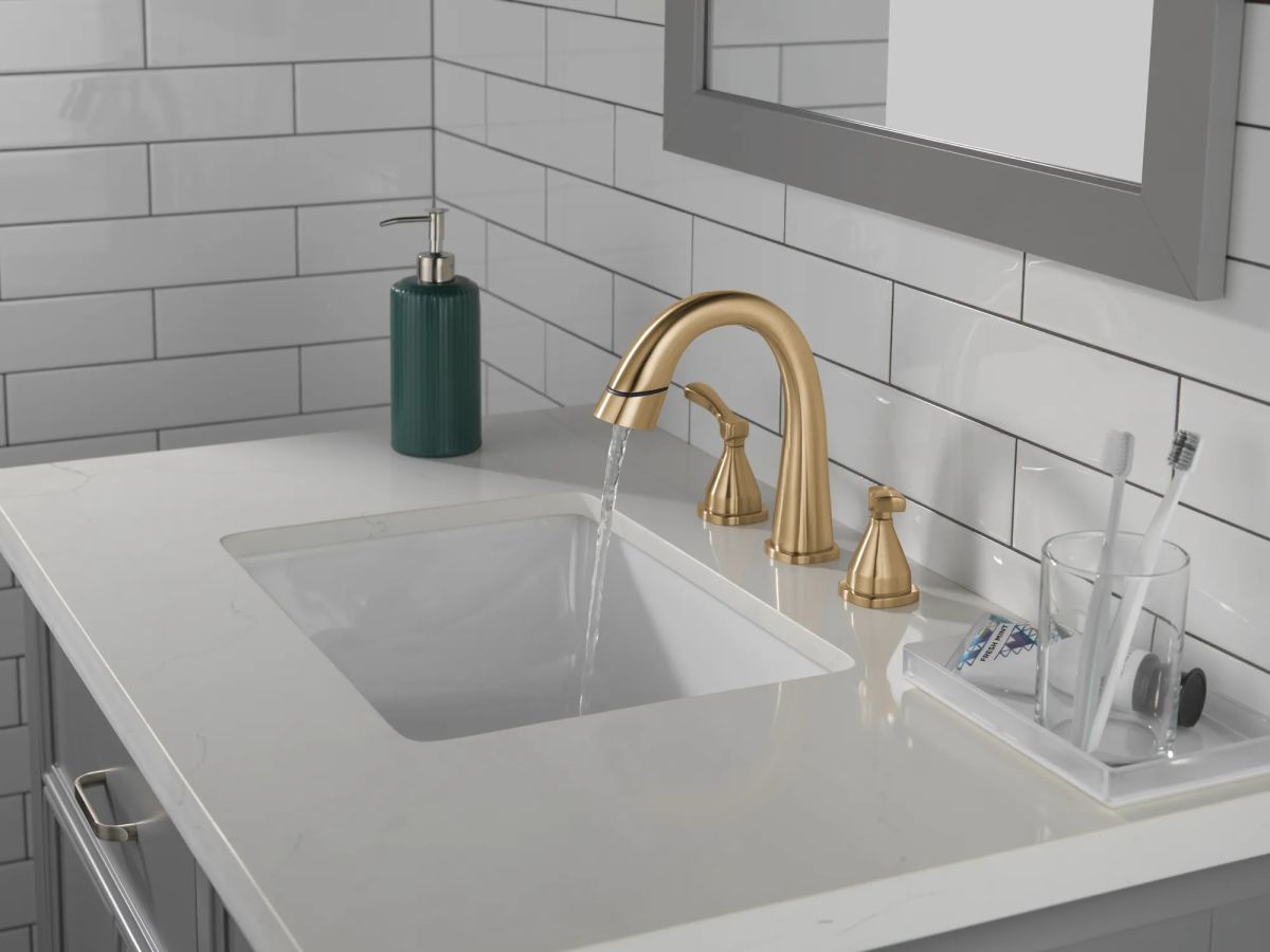 DELTA Stryke Two Handle Widespread Pull Down Bathroom Faucet — Lumicoat® Champagne Bronze
