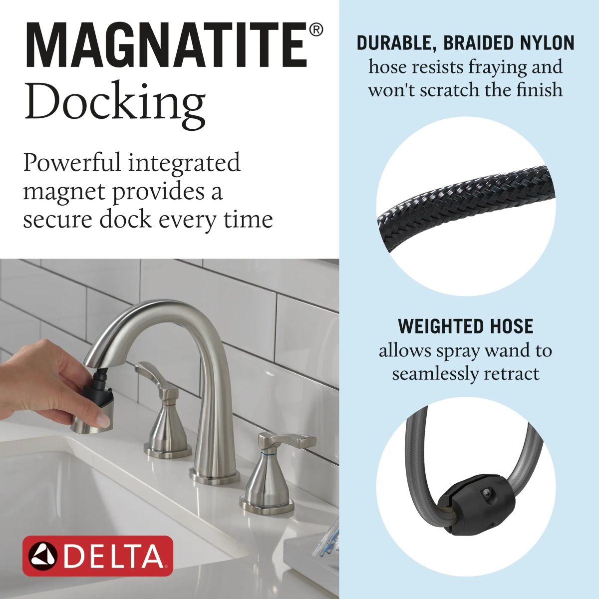DELTA Stryke Two Handle Widespread Pull Down Bathroom Faucet — Lumicoat® Stainless
