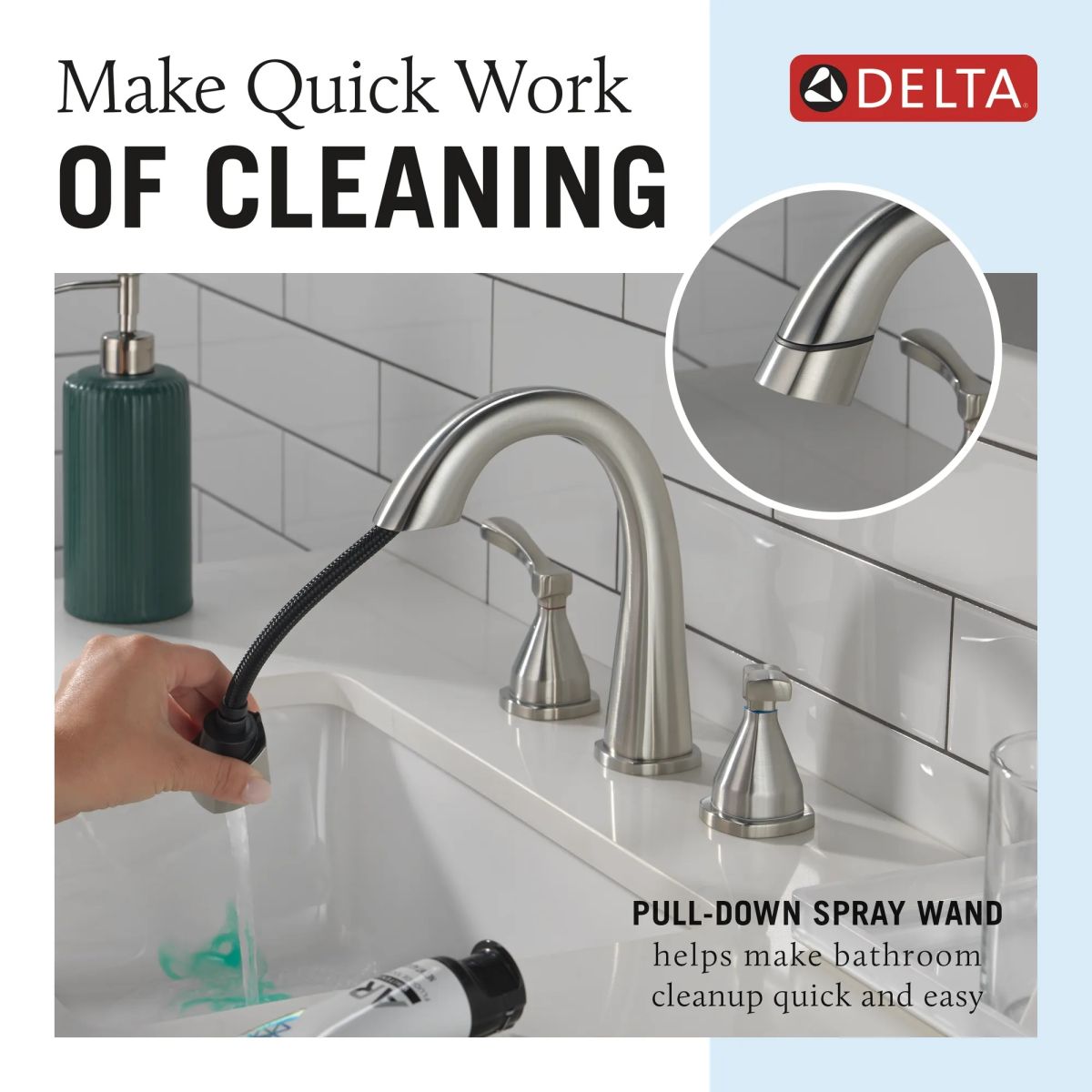 DELTA Stryke Two Handle Widespread Pull Down Bathroom Faucet — Lumicoat® Stainless