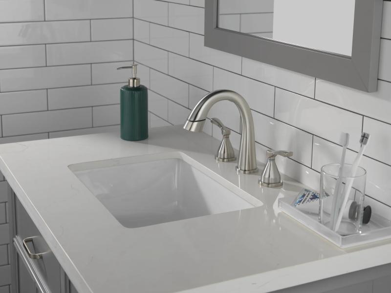 DELTA Stryke Two Handle Widespread Pull Down Bathroom Faucet — Lumicoat® Stainless