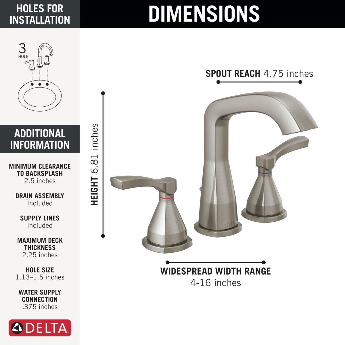 DELTA Stryke Two Handle Widespread Bathroom Faucet — Lumicoat® Stainless