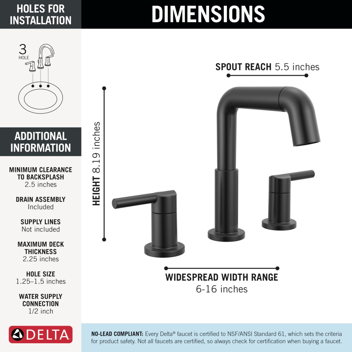 DELTA Nicoli Two Handle Widespread Pull-Down Bathroom Faucet — Matte Black