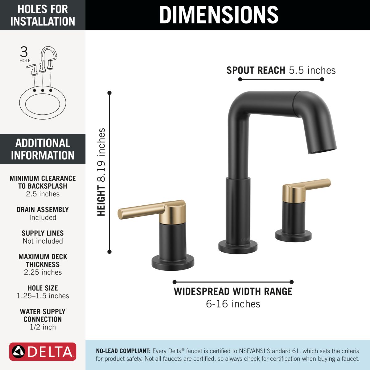 DELTA Nicoli Two Handle Widespread Pull-Down Bathroom Faucet — Matte Black / Champagne Bronze