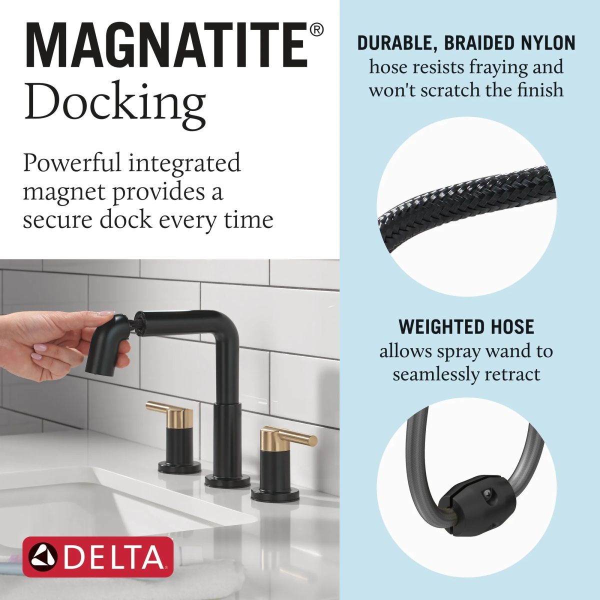 DELTA Nicoli Two Handle Widespread Pull-Down Bathroom Faucet — Matte Black / Champagne Bronze