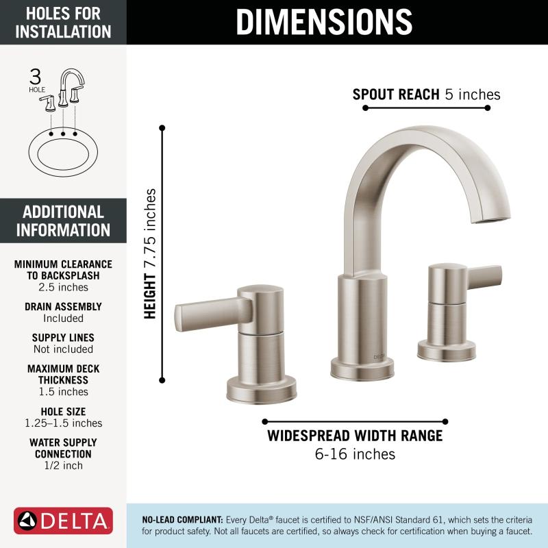 DELTA Albion  Two Handle Widespread Bathroom Faucet — Spotshield Brushed Nickel