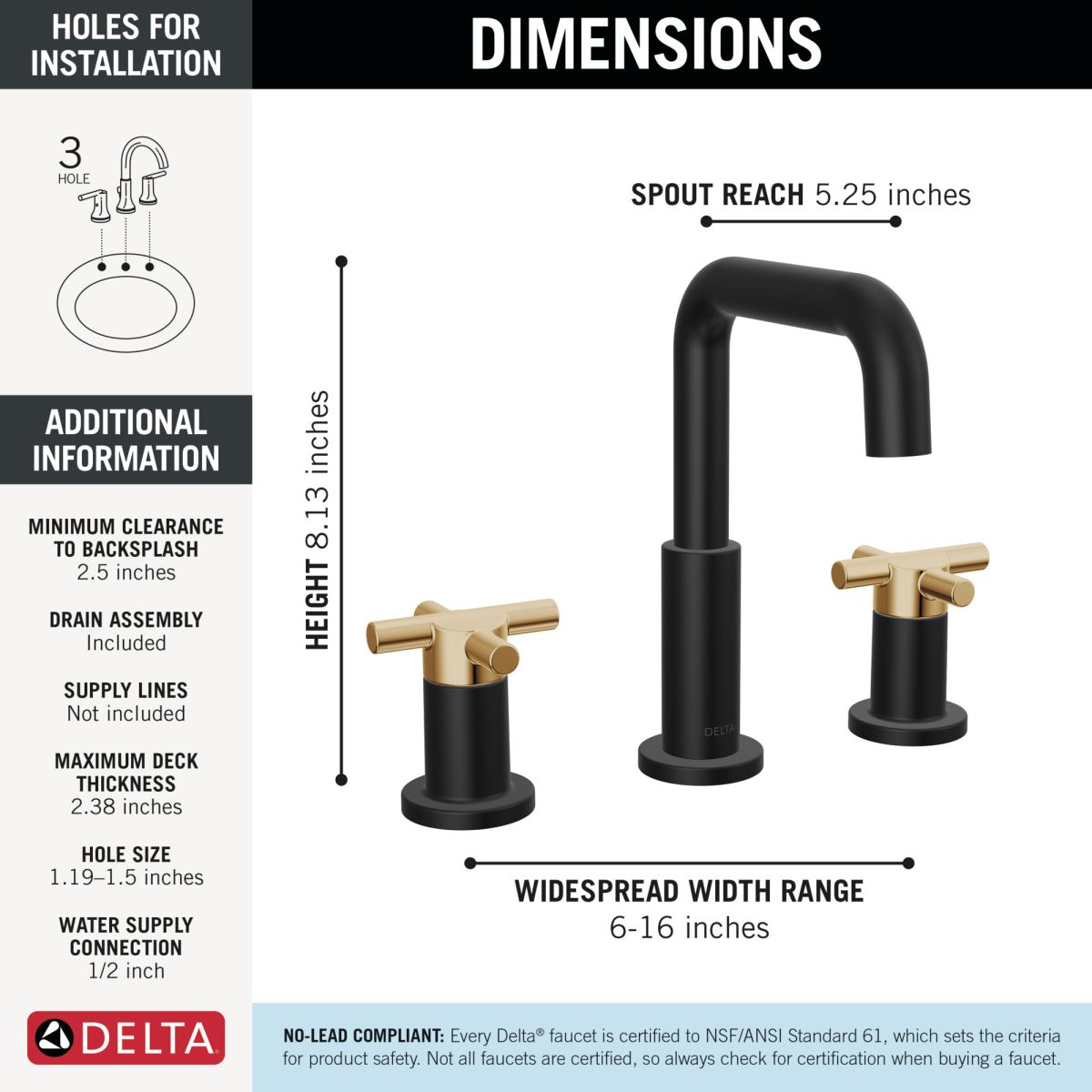 DELTA Nicoli Two Handle Widespread Bathroom Faucet — Matte Black / Champagne Bronze
