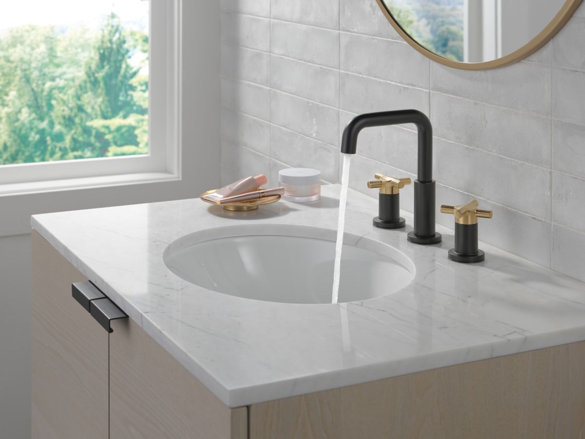 DELTA Nicoli Two Handle Widespread Bathroom Faucet — Matte Black / Champagne Bronze