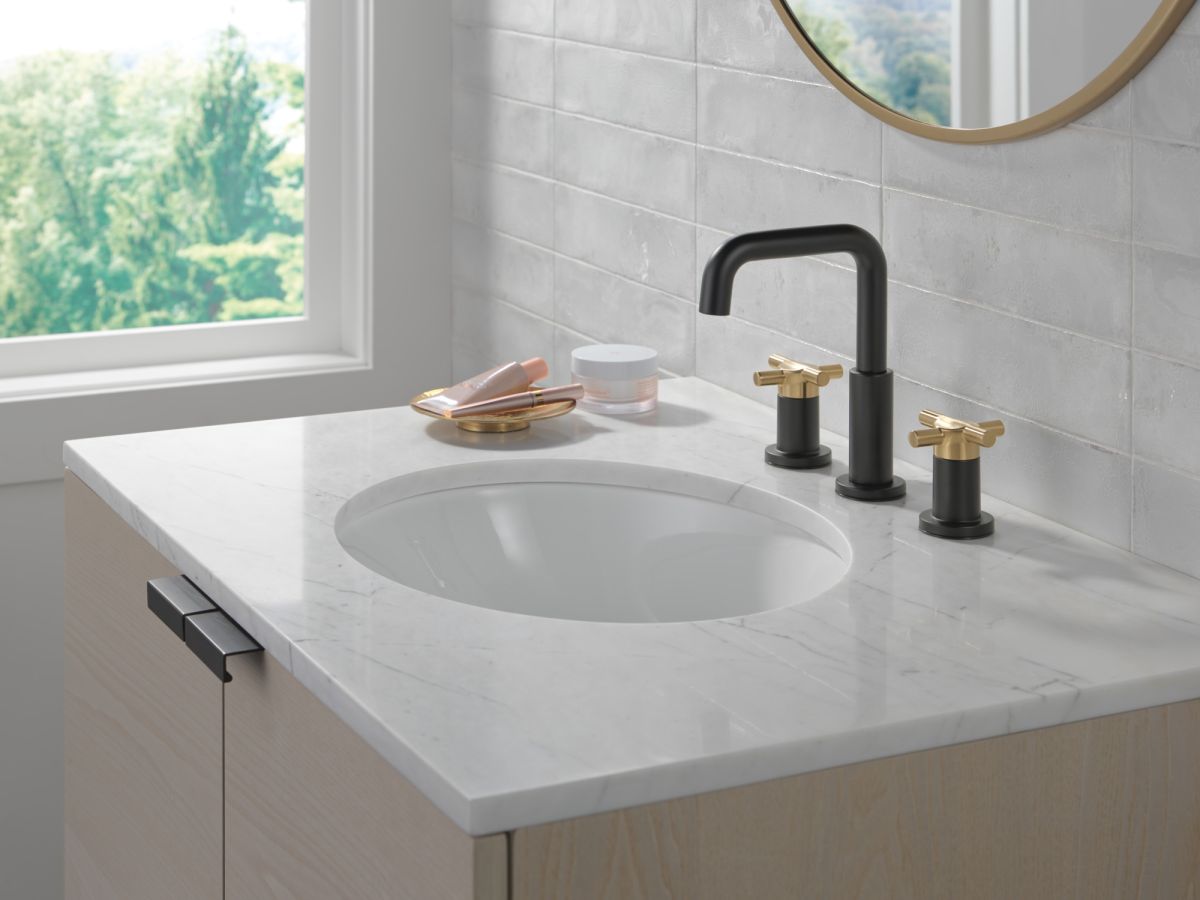 DELTA Nicoli Two Handle Widespread Bathroom Faucet — Matte Black / Champagne Bronze
