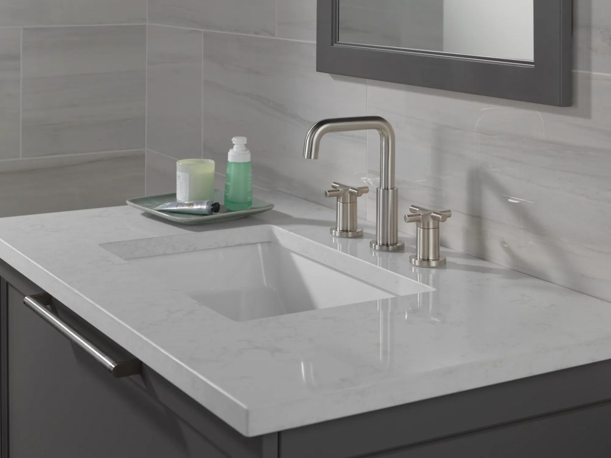 DELTA Nicoli Two Handle Widespread Bathroom Faucet — Stainless
