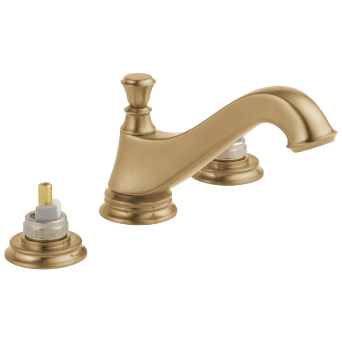 DELTA Cassidy Two Handle Widespread Bathroom Faucet - Low Arc Spout - Less Handles — Champagne Bronze