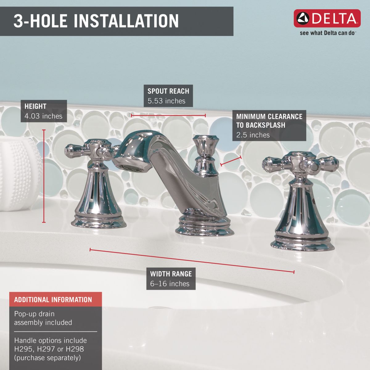 DELTA Cassidy Two Handle Widespread Bathroom Faucet - Low Arc Spout - Less Handles — Chrome