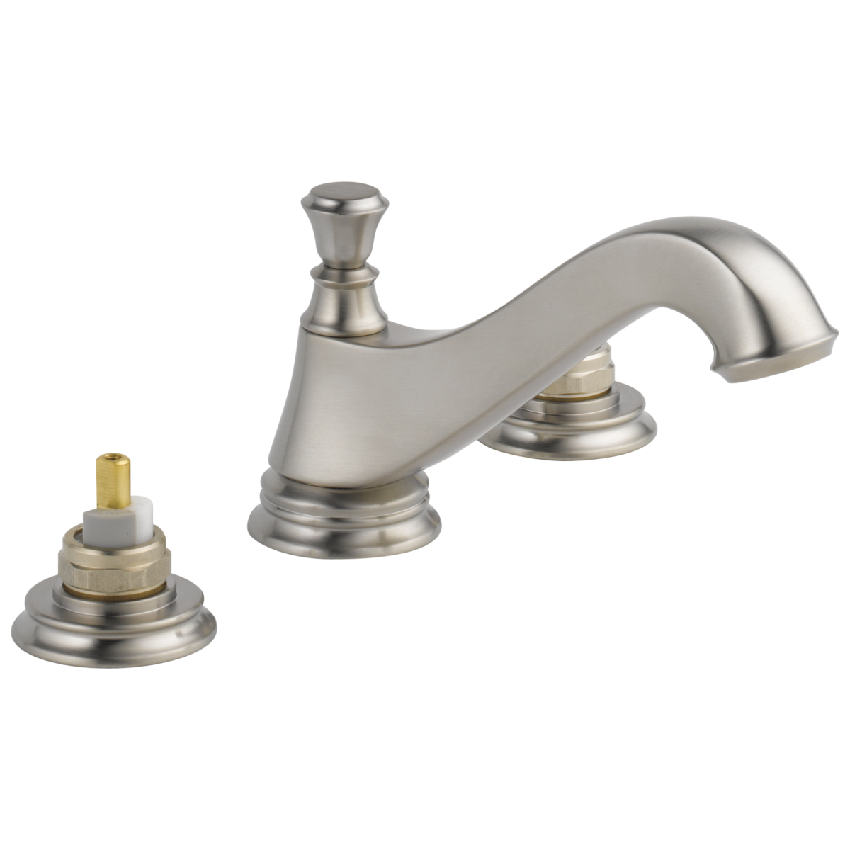 DELTA Cassidy Two Handle Widespread Bathroom Faucet - Low Arc Spout - Less Handles — Stainless