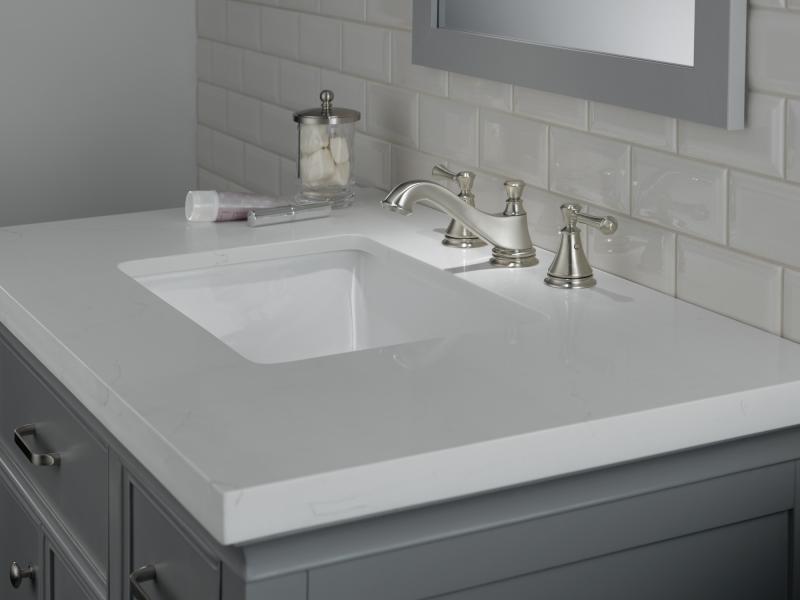 DELTA Cassidy Two Handle Widespread Bathroom Faucet - Low Arc Spout - Less Handles — Stainless