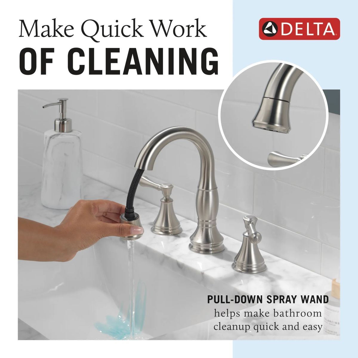 DELTA Cassidy Two Handle Widespread Pull Down Bathroom Faucet — Stainless