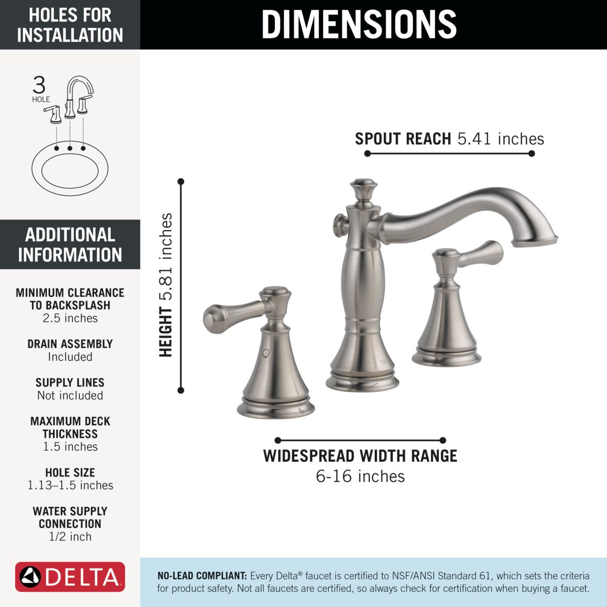 DELTA Cassidy Two Handle Widespread Bathroom Faucet — Stainless