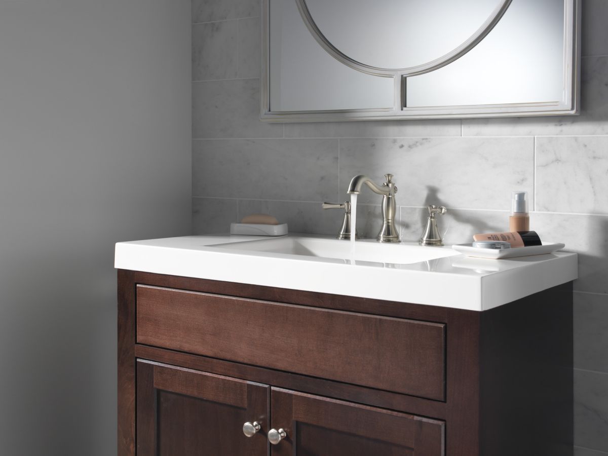 DELTA Cassidy Two Handle Widespread Bathroom Faucet — Stainless