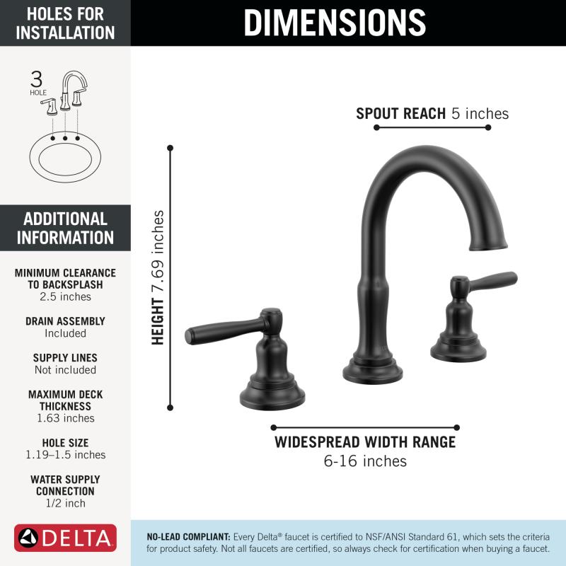 DELTA Roe Two Handle Widespread Bathroom Faucet — Matte Black