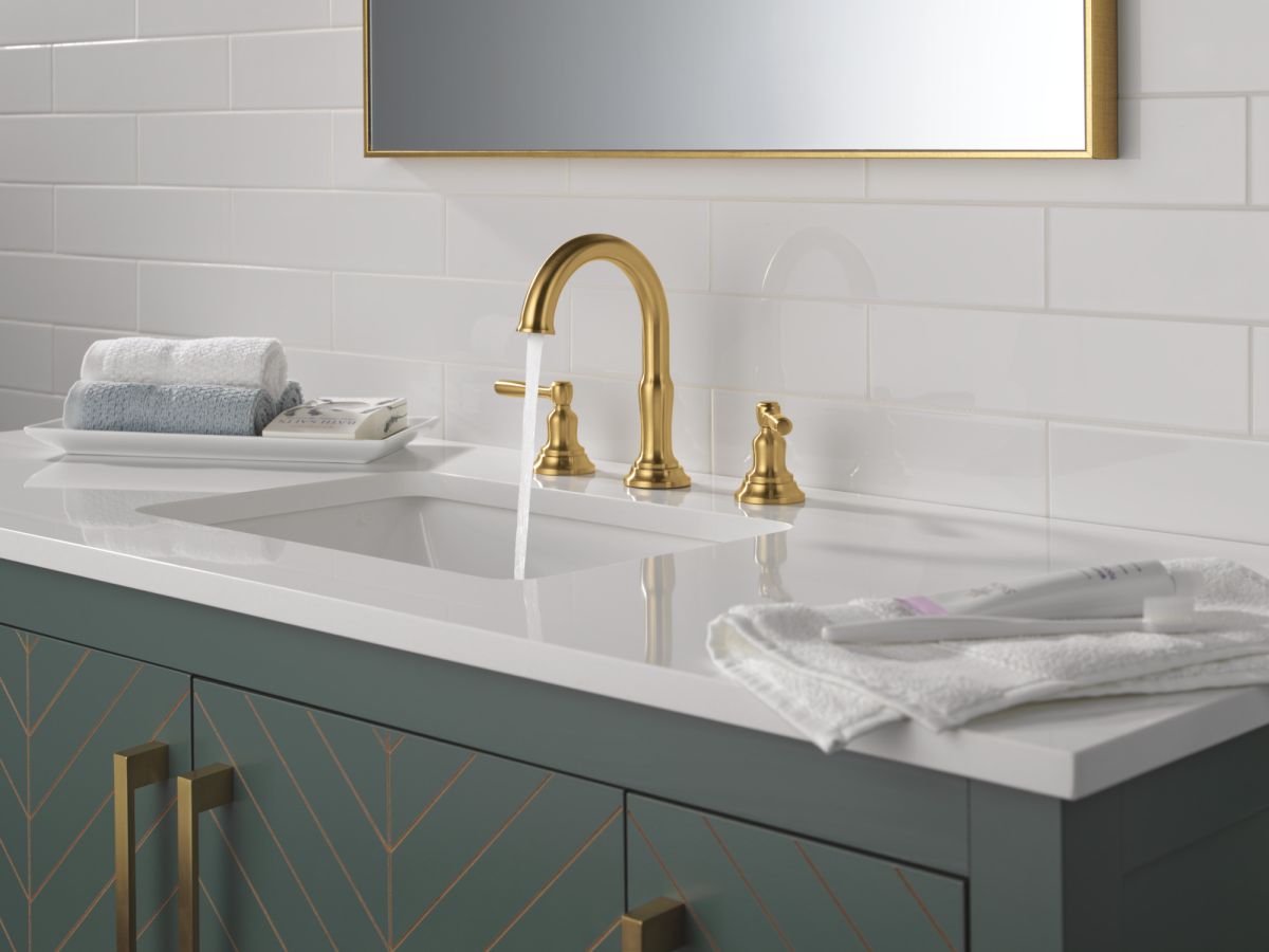 DELTA Roe Two Handle Widespread Bathroom Faucet — Brushed Gold