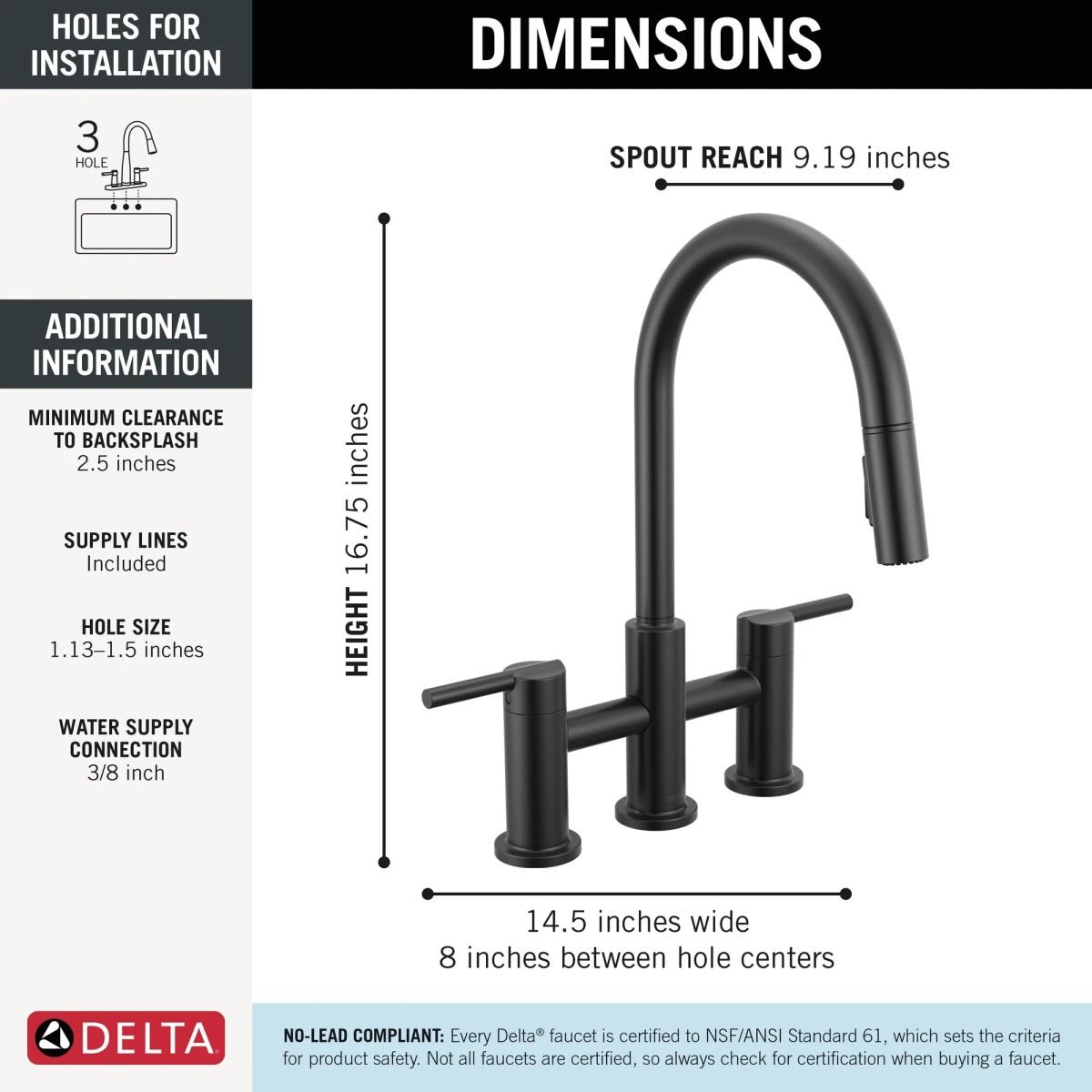 DELTA Nicoli Two Handle Pull-Down Bridge Kitchen Faucet — Matte Black