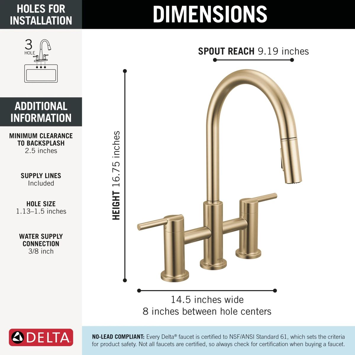 DELTA Nicoli Two Handle Pull-Down Bridge Kitchen Faucet — Champagne Bronze