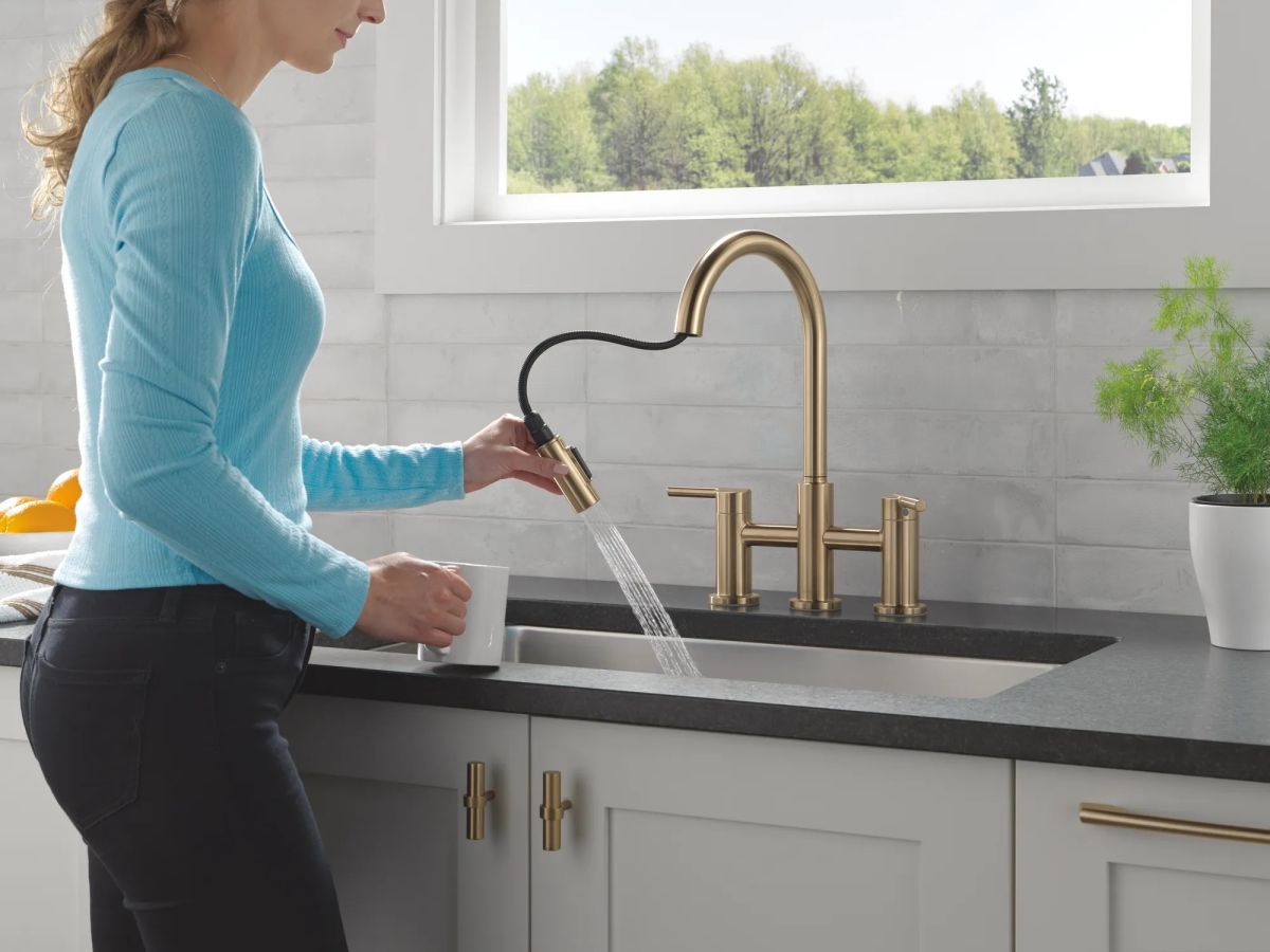 DELTA Nicoli Two Handle Pull-Down Bridge Kitchen Faucet — Champagne Bronze