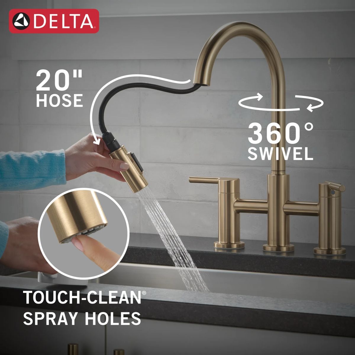 DELTA Nicoli Two Handle Pull-Down Bridge Kitchen Faucet — Champagne Bronze