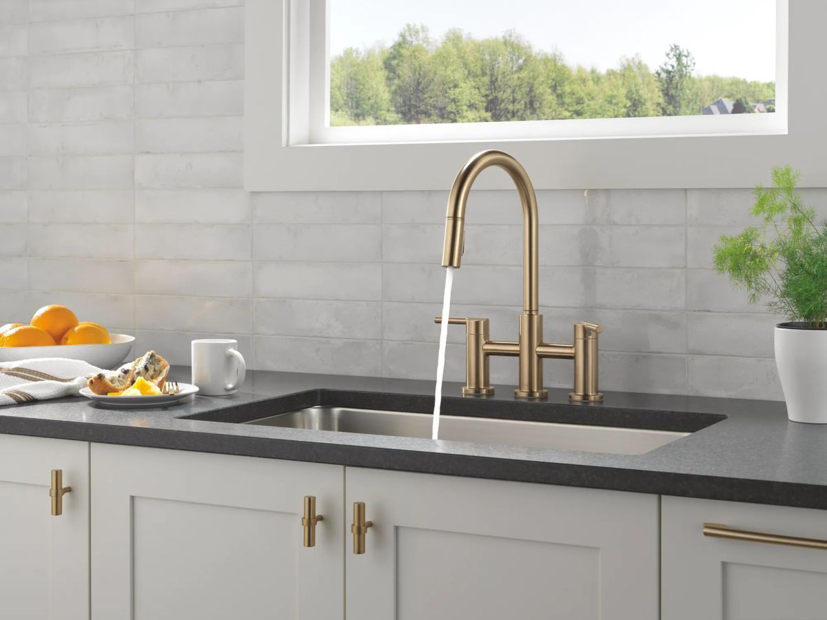 DELTA Nicoli Two Handle Pull-Down Bridge Kitchen Faucet — Champagne Bronze