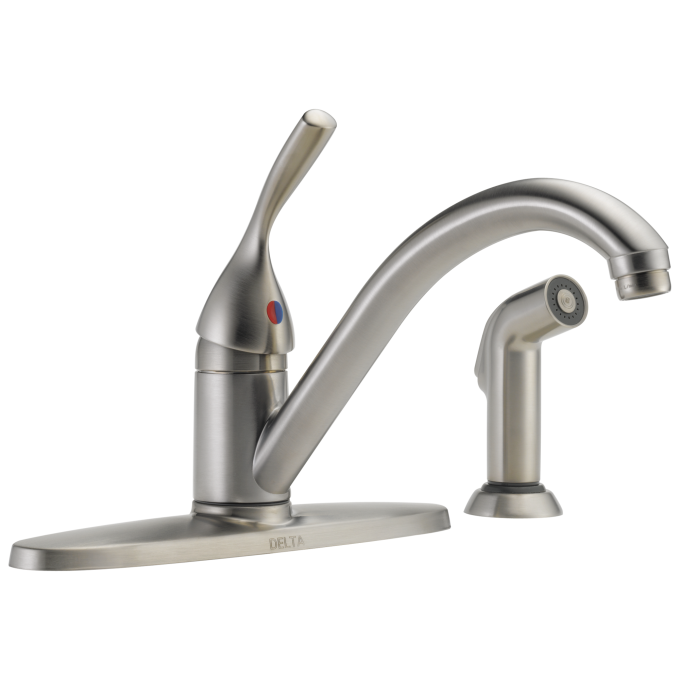 DELTA 134 / 100 / 300 / 400 Series Single Handle Kitchen Faucet with Spray — Stainless
