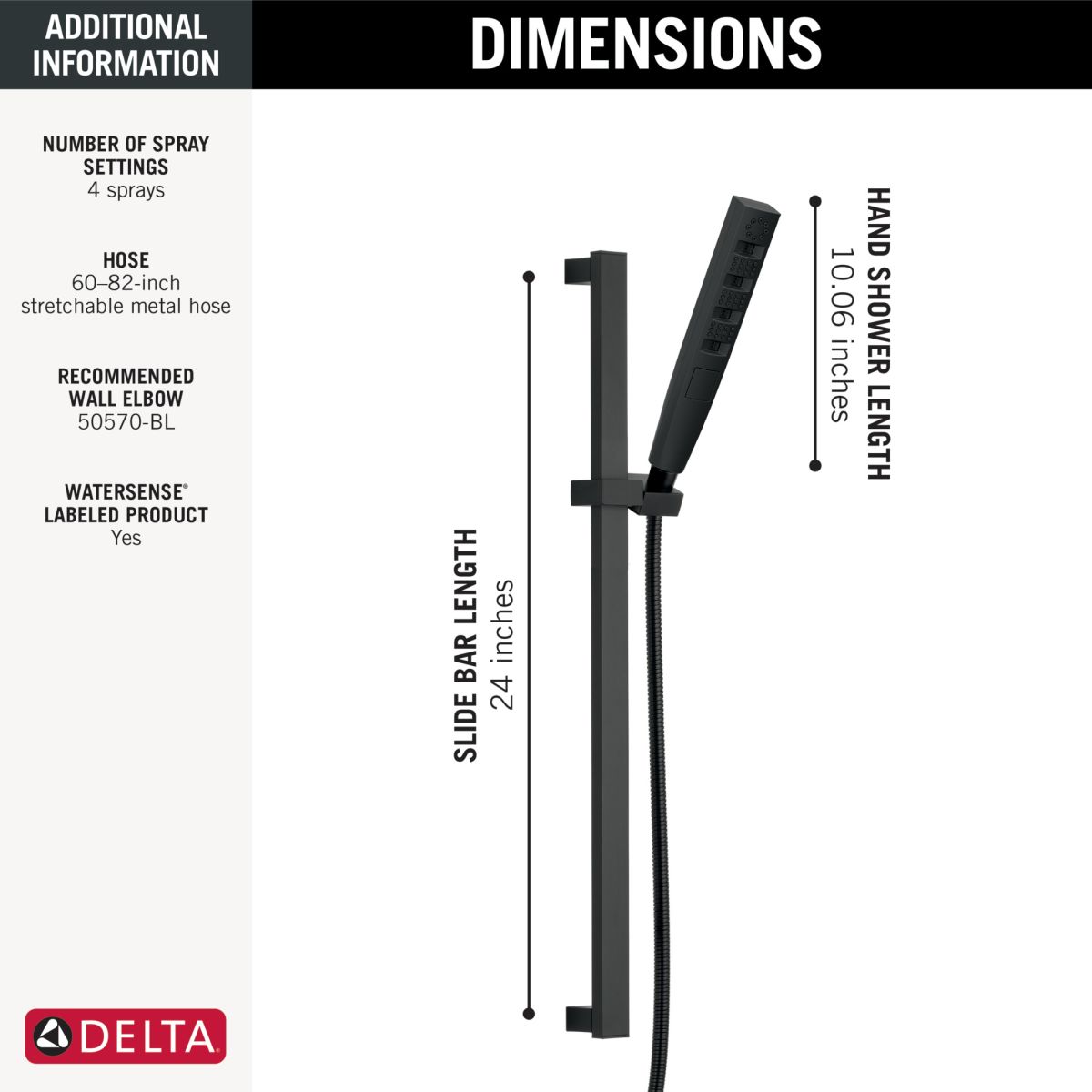 DELTA Universal Showering Components H2OKINETIC Hand Shower 1.75 GPM w/Slide Bar 4S — Matte Black