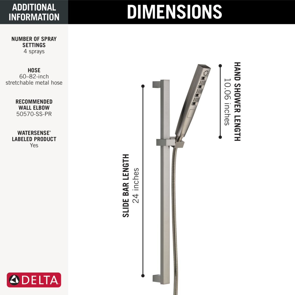 DELTA Universal Showering Components H2OKINETIC Hand Shower 1.75 GPM w/Slide Bar 4S — Lumicoat® Stainless