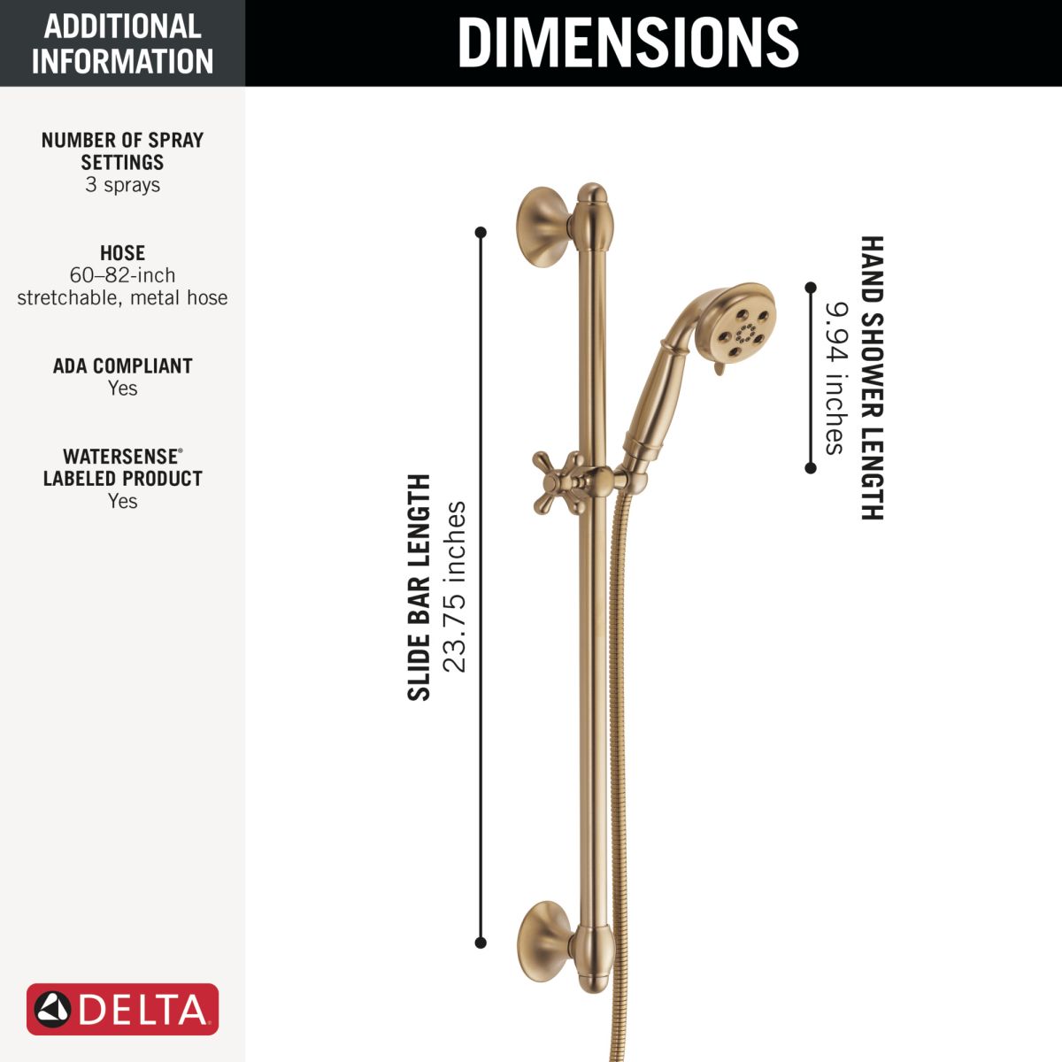 DELTA Universal Showering Components H2OKINETIC 3-Setting Slide Bar Hand Shower — Champagne Bronze
