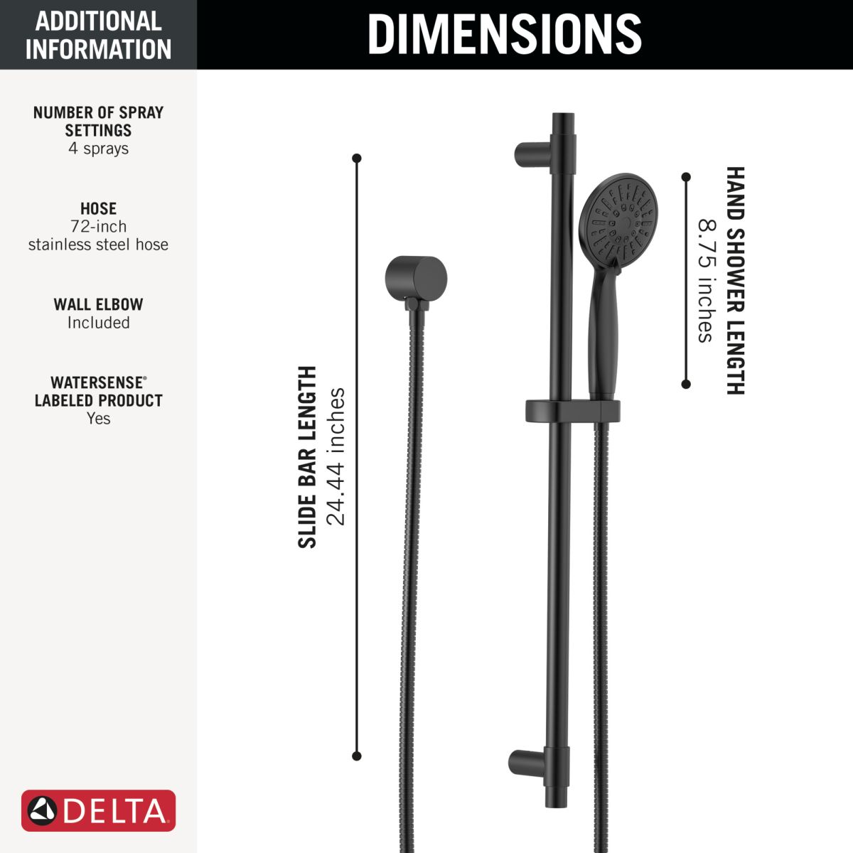 DELTA Universal Showering Components Hand Shower 1.75 GPM w/Slide Bar 4S — Matte Black