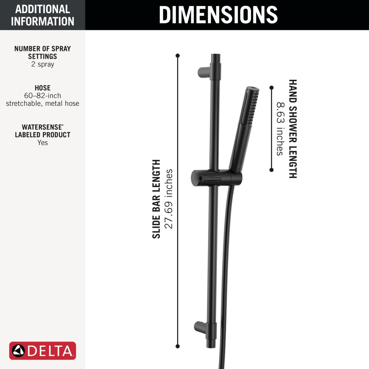DELTA Universal Showering Components 2-Setting Hand Shower with ProClean Spray – Slide Bar Mount — Matte Black