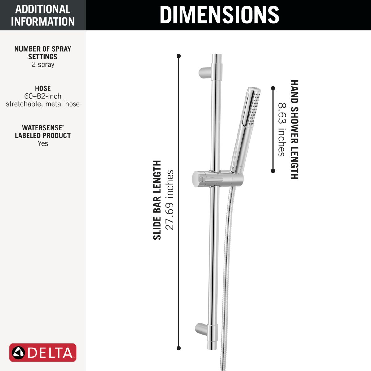 DELTA Universal Showering Components 2-Setting Hand Shower with ProClean Spray – Slide Bar Mount — Lumicoat® Chrome