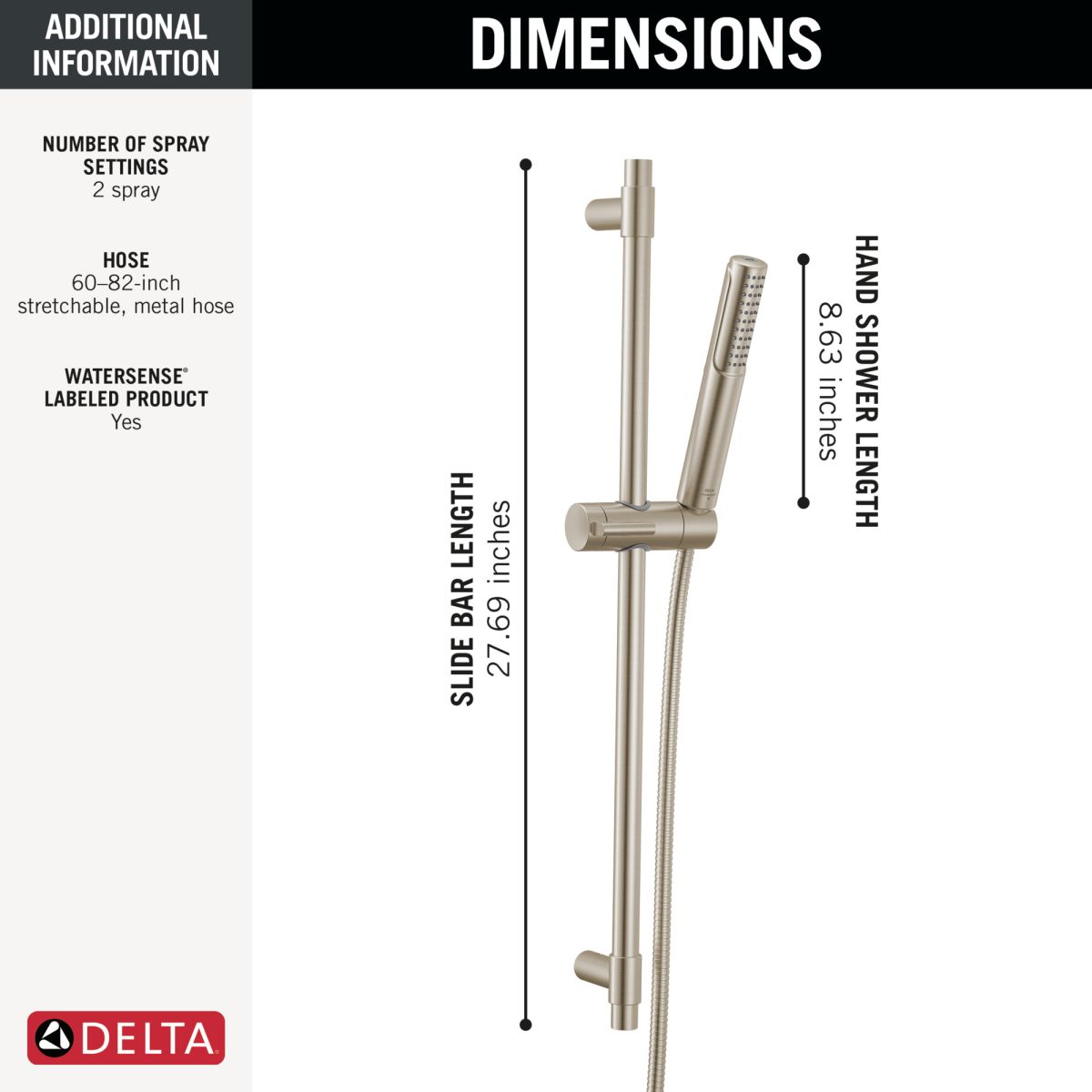 DELTA Universal Showering Components 2-Setting Hand Shower with ProClean Spray – Slide Bar Mount — Lumicoat® Stainless