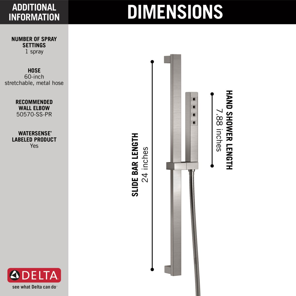 DELTA Universal Showering Components H2OKINETIC Single-Setting Slide Bar Hand Shower — Lumicoat® Stainless