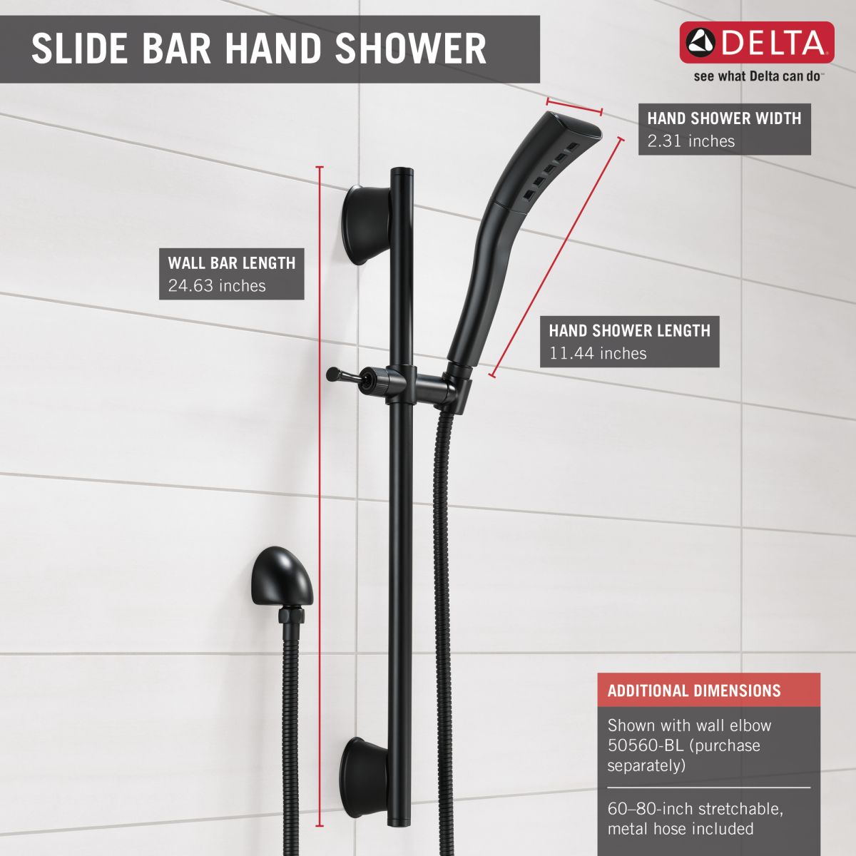 DELTA Universal Showering Components H2OKINETIC Single-Setting Slide Bar Hand Shower — Matte Black