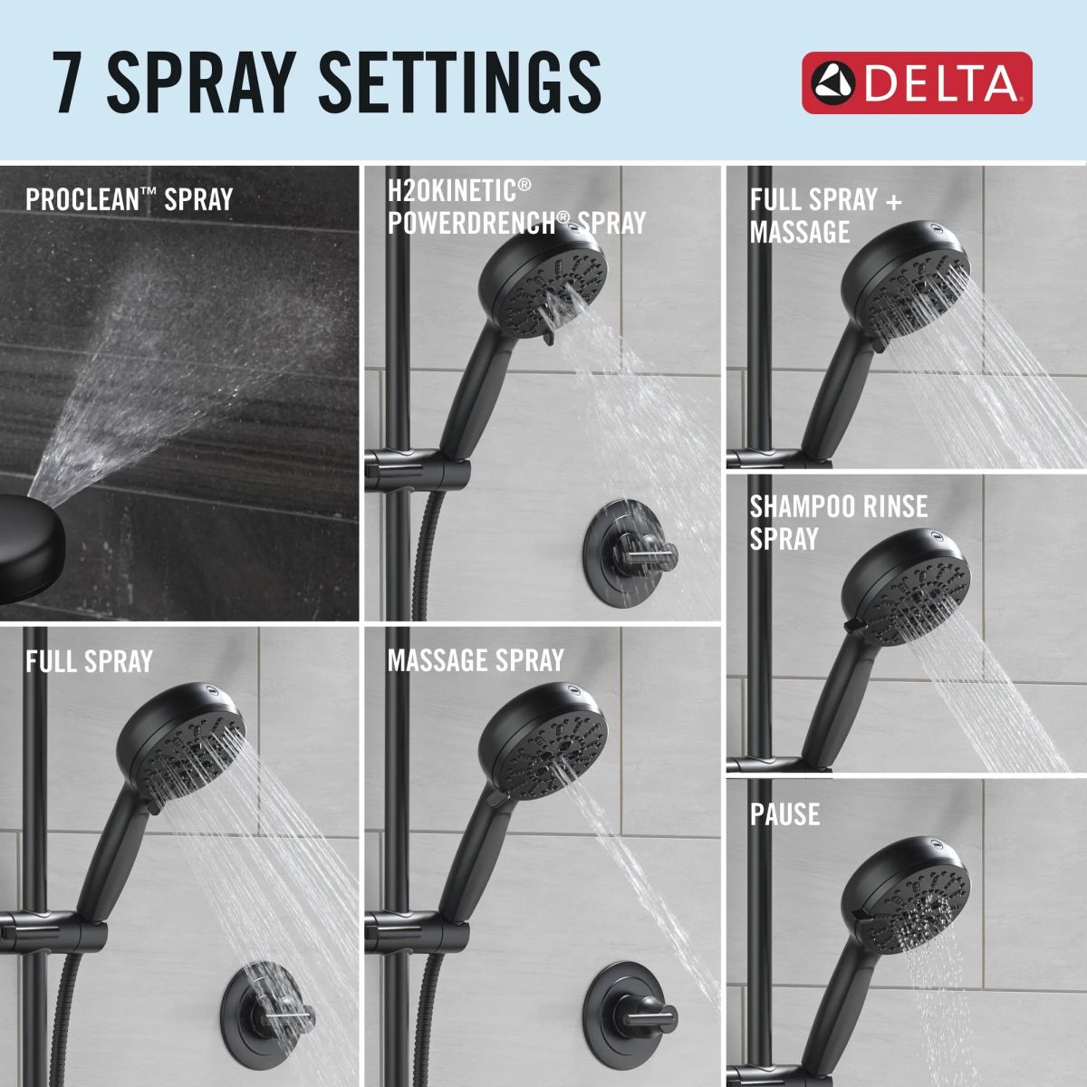 DELTA Universal Showering Components 7-Setting Slide Bar Hand Shower with Cleaning Spray — Matte Black