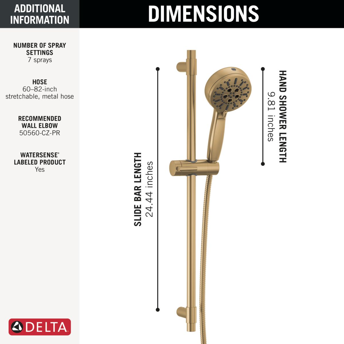 DELTA Universal Showering Components 7-Setting Slide Bar Hand Shower with Cleaning Spray — Lumicoat® Champagne Bronze