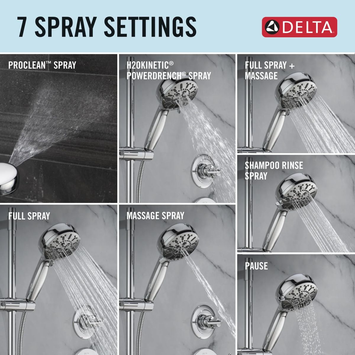 DELTA Universal Showering Components 7-Setting Slide Bar Hand Shower with Cleaning Spray — Lumicoat® Chrome